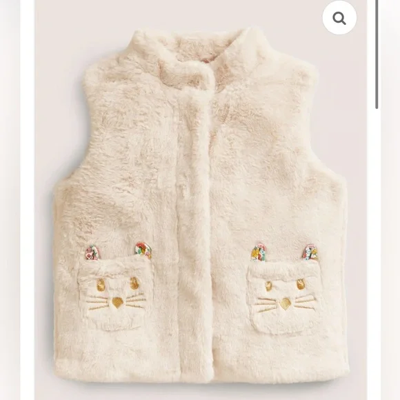 Mini Boden Cream Furry Kids Vest with Cat Design EUC size 11-12 - Picture 1 of 4